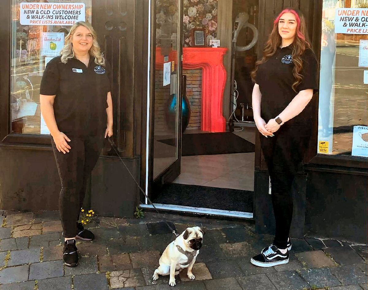 Owner Angie Ingham (left), stylist Alex Graves (right) and Sparky the dog at MiSalon in Birkdale in Southport 