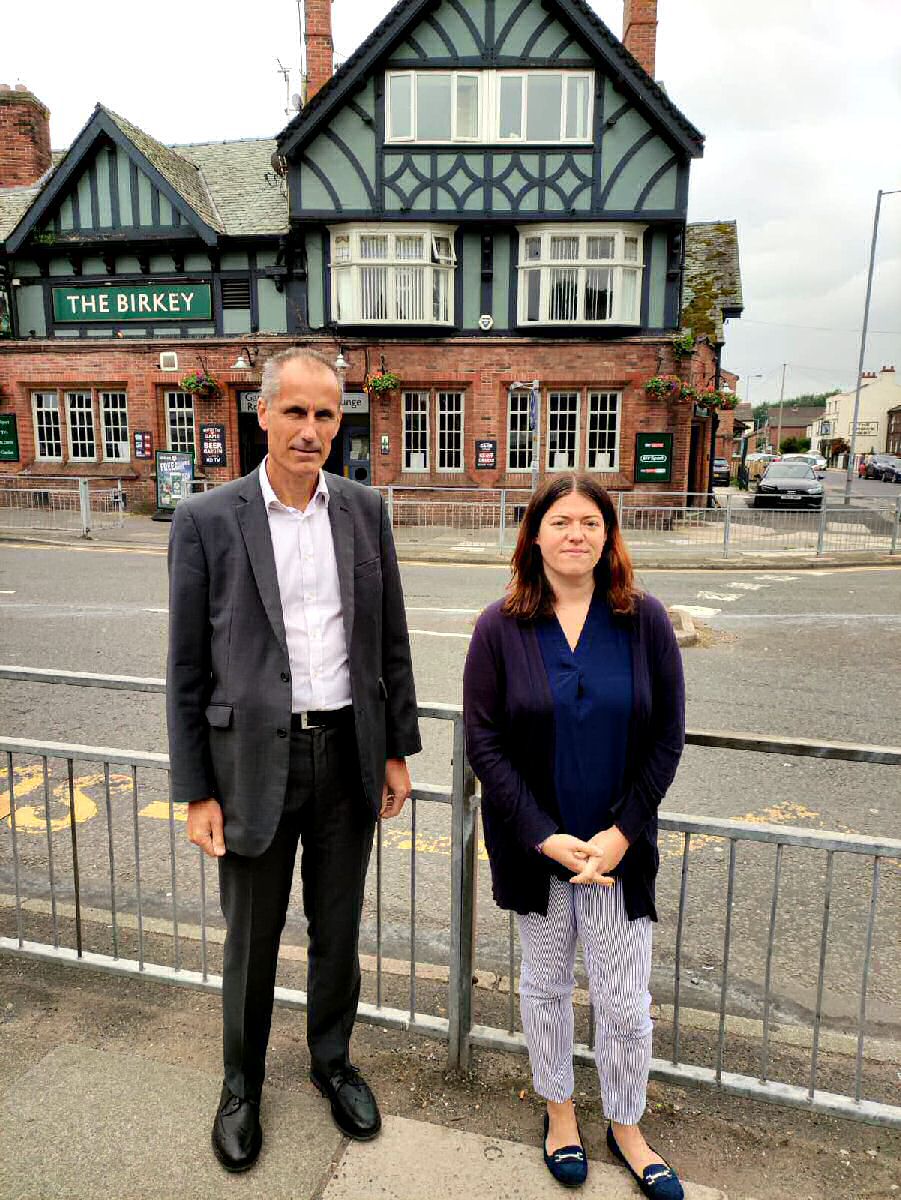 Bill Esterson MP with Police and Crime Commissioner Emily Spurrell near The Birkey pub in Crosby.