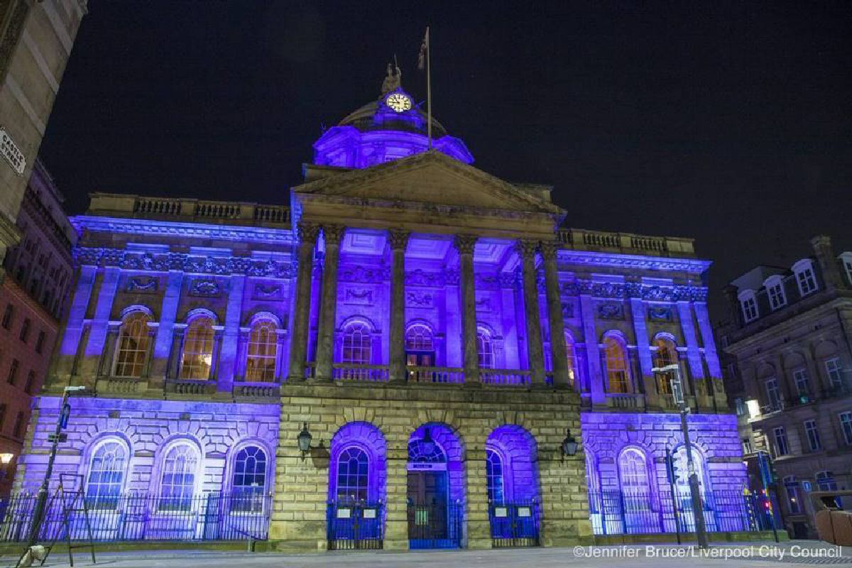 A picture purple lighting on Liverpool's Town Hall.