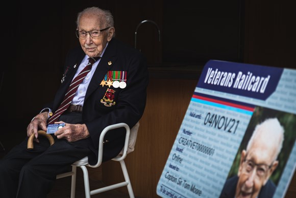 Captain Sir Tom Moore presented with the very 1st new Veterans' Railcard, as new design unveiled...