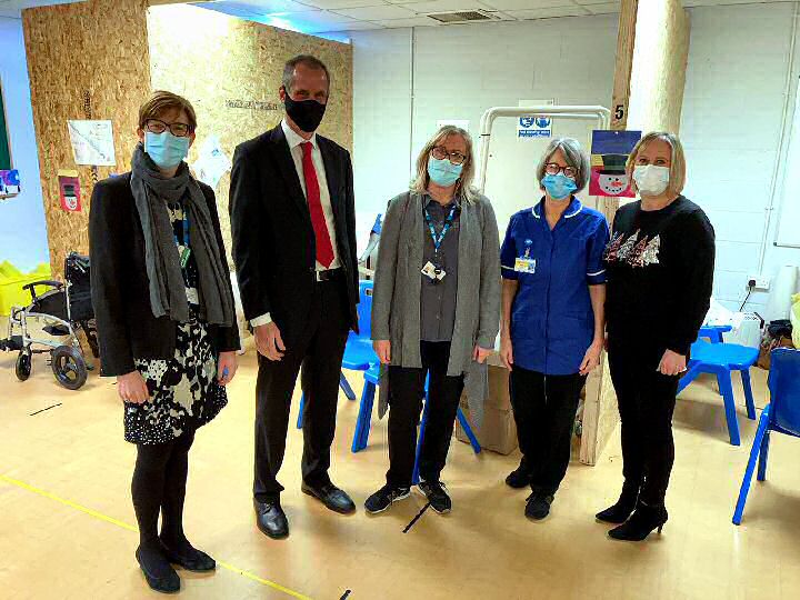 ; Bill Esterson MP at Maghull Town Hall with staff organising the vaccine roll-out, including centre manager Alison Welsh