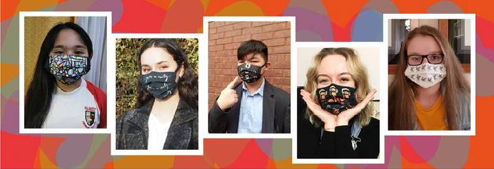 On this photo... The competitions winners, from left: Aubrey Sanchez, Belita Edi, Euan Lee, Evie Warwick, and Nikoleta Pioro with masks on that show their designs.