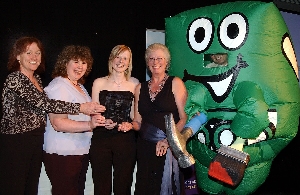 Friends of Victoria Park Lorraine Henshaw, Gwen Jones, Ruth Webster collect their Green Machine Award from Nicola Rigby, of award sponsors Barclays.