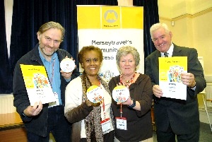 Lleft to right:- John Smith of the Merseyside Council of Faiths, Sylvia French (from Liverpool, who stars in the video), Margaret Wynne of Age Concern Liverpool and Councillor Mark Dowd, Chair of Merseytravel launch the new DVD.