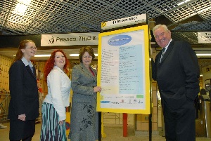 Enabling Voices (From left to right)  Joanne Howarth, Station Supervisor at Moorfields Station, Maria Checkland of Merseytravel;s Community Links team, Louise Ellman MP and Cllr Mark Dowd, Chair of Merseytravel help launch the scheme at Moorfields Station