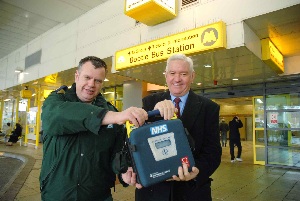 Cllr Mark Dowd and Rob Hussey at Bootle Bus Station, just one of the new venues for the defibrillators, which have gone across the network. 