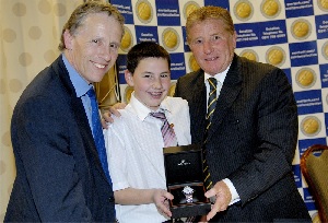 Luke with his new watch flanked by (left) Lord Grantchester, Trustee of the Everton Collection Charitable Trust and former Everton favourite Alan