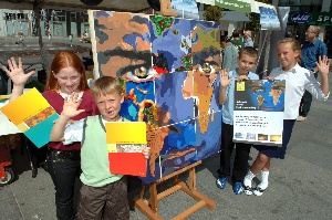 Some of the pupils taking part launch the completed art project at Williamson Square.