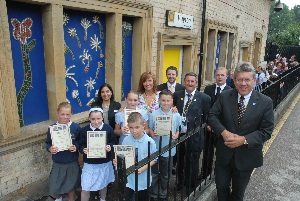Pictured: Schoolchildren from Blacklow Brow Primary School with Neil Scales, Cllr Ron Abbey and Jamie Ross, Area Director for Northern Rail and others involved in the project.