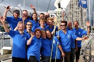 Liverpool 08s crew celebrating their arrival in the Ala Wai harbour in Honolulu.