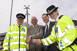 Inspector Gary Jones of BTP, Cllr Mark Dowd Chair of Merseytravel, Mike Carroll of Merseyrail and Sgt Jayne Lewis of BTP at Bootle Oriel Road � one of the new Secure Stations.
