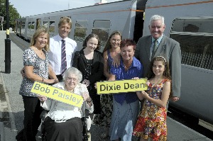 The families of Dixie Dean and Bob Paisley join Councillor Mark Dowd to launch the two new trains.
