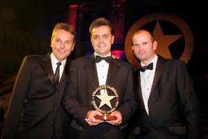 Paymentshield chief executive Stuart Pender (pictured centre with comedian Brian Connolly (left) and Ben Bonney-James, Head of Sales at Financial Advisor (Right).