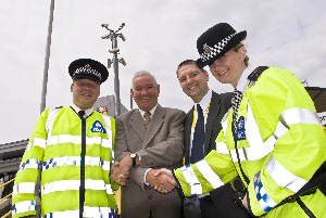 (left to right):  Inspector Gary Jones of the British Transport Police (BTP), Cllr Mark Dowd, Chair of Merseytravel, Mike Carroll of Merseyrail and Sgt Jayne Lewis of BTP at Bootle Oriel Road Station, which received accreditation last year (2008).