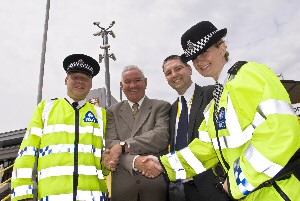 (left to right): Inspector Gary Jones of the British Transport Police (BTP), Cllr Mark Dowd, Chair of Merseytravel, Mike Carroll of Merseyrail and Sgt Jayne Lewis of BTP at Bootle Oriel Road Station, which received accreditation last year (2008).