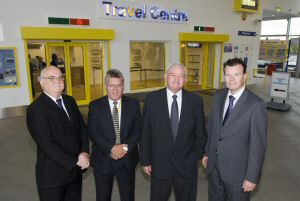 Pictured (left to right) Cllr Chris Blakeley, Chair of Merseytravels Rail Committee, Neil Scales, Cllr Mark Dowd and Bart Schmeink launch the new travel centre at Liverpool South Parkway.