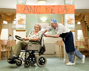 Pancake Racers, resident Doreen Stephenson and cook Paul Lowe