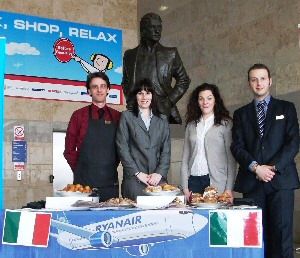 Il Forno Head Waiter Luigi Buonincontro, JLAs Katie Smorthit, Ryanairs Maria Macken and Il Forno Restaurant Manager Piero Palermo all on hand ready to serve passengers jetting off to Sicily.