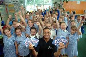 Paul Browne with year three children from Kirkby C of E Primary school