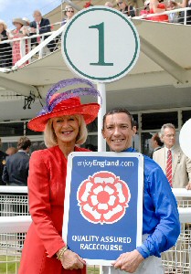 VisitEngland Chairman Lady Cobham and top jockey Frankie Dettori celebrate the launch of the VisitEngland Quality Assured Racecourse Scheme at Goodwood Races.
