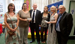 Group shot of Jonathon and his family visiting Henshaws L-R Donna Hall (sister to Jonathon), Nikki Andrews (Henshaws 