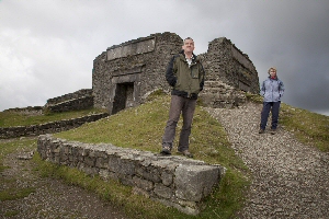Lorna Jenner and David Shiel, of the Clwydian Range Area of Outstanding Natural Beauty, at the Jubilee Tower, Moel Famau.