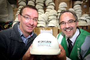 Construction company Morgan Sindall has joined forces with innovative plastic recycler 2K Manufacturing to give more than 4,000 disused construction hard hats a new lease of life. Pictured (left to right) are Morgan Sindall head of sustainability and environment Brian Handcock and 2K Manufacturings head of sales Peter Ball.