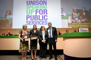 L-R Winner Angela Jolley, Fiona Morris, UNISON President Anglea Lynes and UNISON General Secretary, Dave Prentis.