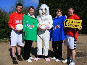 Picture shows Leisure Leagues Staff (L-R) Andy Black, Gemma Perry, Claire Woodcock and Guy Thrower together with the Easter Bunny, who popped in this week
