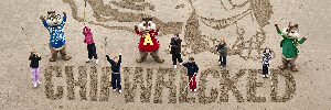 Artist Andy Moss raked up a giant 165ft sand art creation on Blackpool beach to mark the DVD release of Alvin & The Chipmunks: Chipwrecked!