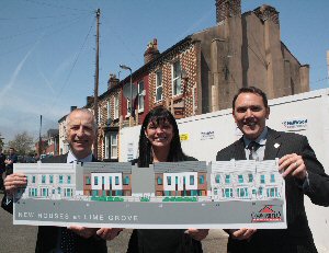 L-R: Cosmopolitan Housing Group Chief Executive, John Denny and Liverpool City Councillors Ann OByrne and Tim Beaumont show how the new shared ownership homes will look at Lime Grove, Liverpool 8.