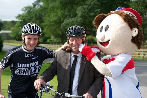(left to right) Local cyclist Sean Fawcett, Cllr Eddie Connor (centre) and The Tour of Britain join in with �Wiggins mania� in Knowsley, sporting their Bradley Wiggins inspired sideburns.