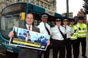 L-R: Councillor Liam Robinson, Merseytravel Chair, Superintendent Moore, Merseyside Police Community Engagement Unit, Inspector McVey, BTP, Sergeant Ratcliff, PTCSO Bradley and PTCSO Morris.