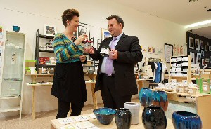 Kate Stewart and Councillor Small at the mad-here shop.