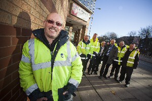 Bryan Walters is pictured with the Movember team from The Grange and Pyramids Shopping Centre