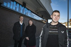 Matthew Boyd is pictured with Matthew Houghton, founder of Hype, and Sally Kew, Community Development Co-ordinator, behind.