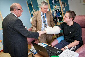 (Sir David Nicholson 9) Sir David Nicholson with Professor Robert Sutton, director of research and development, and patient Ryan Ollerton, in our Clinical Research Facility