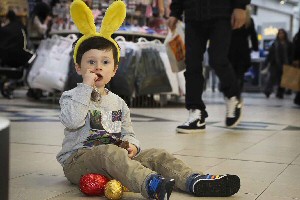 Little Max Buxton, aged 4, gets ready for the Easter egg hunt and to meet the Easter bunny  at The Grange and Pyramids Shopping Centre in Birkenhead.