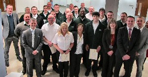 Huyton Travel new bus drivers with Councillor Marlene Quinn, Liz Chandler and Steve Woods from Merseytravel, Darren Stewart Operations Manager HTL , Joe Comerford Tutor at Warrington Collegiate, Paul Ralphson Training Manager at HTL, Peter Jones Business Manager at Warrington Collegiate.