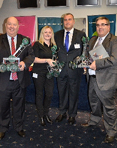 Left to right � Joe Anderson (Mayor of Liverpool and Chair of Liverpool City Region Cabinet), Michelle Dow (Mersey STEM), Brian Stone (Jaguar Land Rover) and Alan Seeley (Getrag Ford) with robots which are used in schools as part of �Robot Challenge Day� � this gives young people hands-on experience in manufacturing and engineering, in partnership with local employers including Jaguar Land Rover and Getrag Ford.