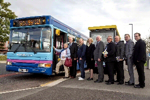 Picture L-R: Maureen Clunan ( Ch. Stockbridge Village Assn ), Cllr Ken McGlashan, Deputy Mayor of Knowsley Town Council Tony Ely, Heather Weightman ( Dep. Clerk Knowsley Town Council ), Cllr. Dennis Baum, Cllr. David Watkinson, Billy Bradshaw ( Merseytravel ), Andrew Cawley ( MD Peoplesbus ) and Simon Ackers ( Merseytravel ).