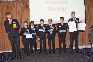 Runners up from Wirral High School for Boys pitch their ideas to the Survitec Dragons