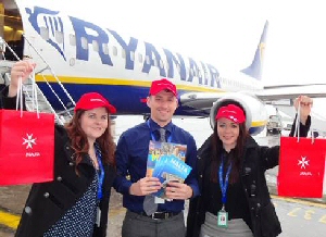 (L to R) JLA's Olivia Gaffney, Chris Scott and Alison Platt help to celebrate the first departure of Ryanair's Winter Malta service from the Airportf