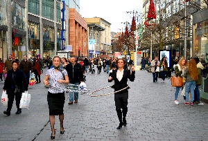 Left to right: Sasha Kenney and Julia Portsmouth started the hoola hooping event at Liverpool ONE.