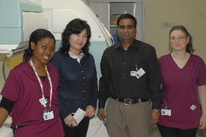 Monica Amutenya, Enkhtuya Byambajav, professor Sobhan Vinjamuri and radiographer Michela Natale in the Royal Liverpool University Hospitals nuclear medicine department.