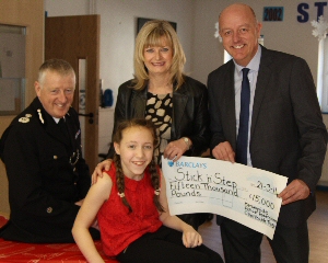 pictured from left to right: Merseyside Police Chief Constable, Jon Murphy, Kerry Roe-Ely, Community and events fundraiser at Stick n Step, Peter Singleton, chairman of the Merseyside Police Federation Charitable Trust, and 13 year old Lara Evans, who has been attending Stick n Step for nearly ten years.