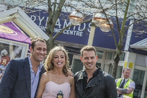 Former Brookside actress Suzanne Collins with Hollyoaks stars Nick Pickard and Ashley Taylor-Dawson, right, at Pyramids Shopping Centre.
