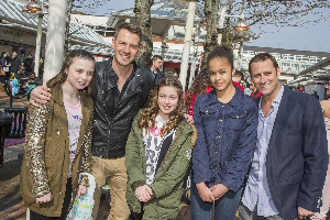 Actors Nick Pickard and Ashley Taylor-Dawson, left, with young fans Shelby Owen, 11, Georgia Thomas, 11 and Sheila Day, 12, at Pyramids Shopping Centre.