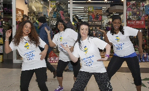 Manager Sarah Hastie of Trespass in Pyramids Shopping Centre supports her friend Kesiena with her sponsored zumbathon. Pictured: Sarah Hastie (front right) along with Rugaia Shakeshaft, Sharon Ovien and Kesiena Ovien.