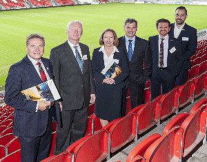 UKTI Winning Business in Japan and Korea held at Langtree Park Stadium St. Helens Saints legend and former GB RL captain Paul Sculthorpe with Clive Drinkwater UKTI NW Regional Director right and Barry Leahey Sales and Marketing Director of Playdale Playgrounds.